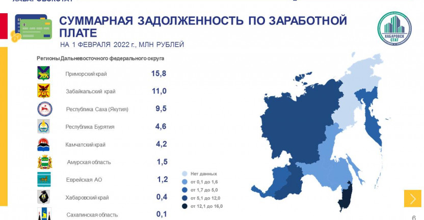 О просроченной задолженности по заработной плате по Хабаровскому краю на 1 февраля 2022 года